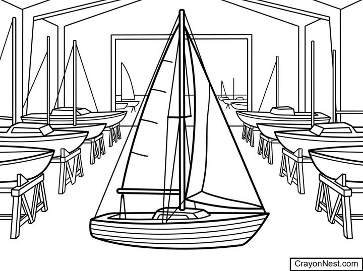 Busy Sailboat Garage Depot Colouring Page